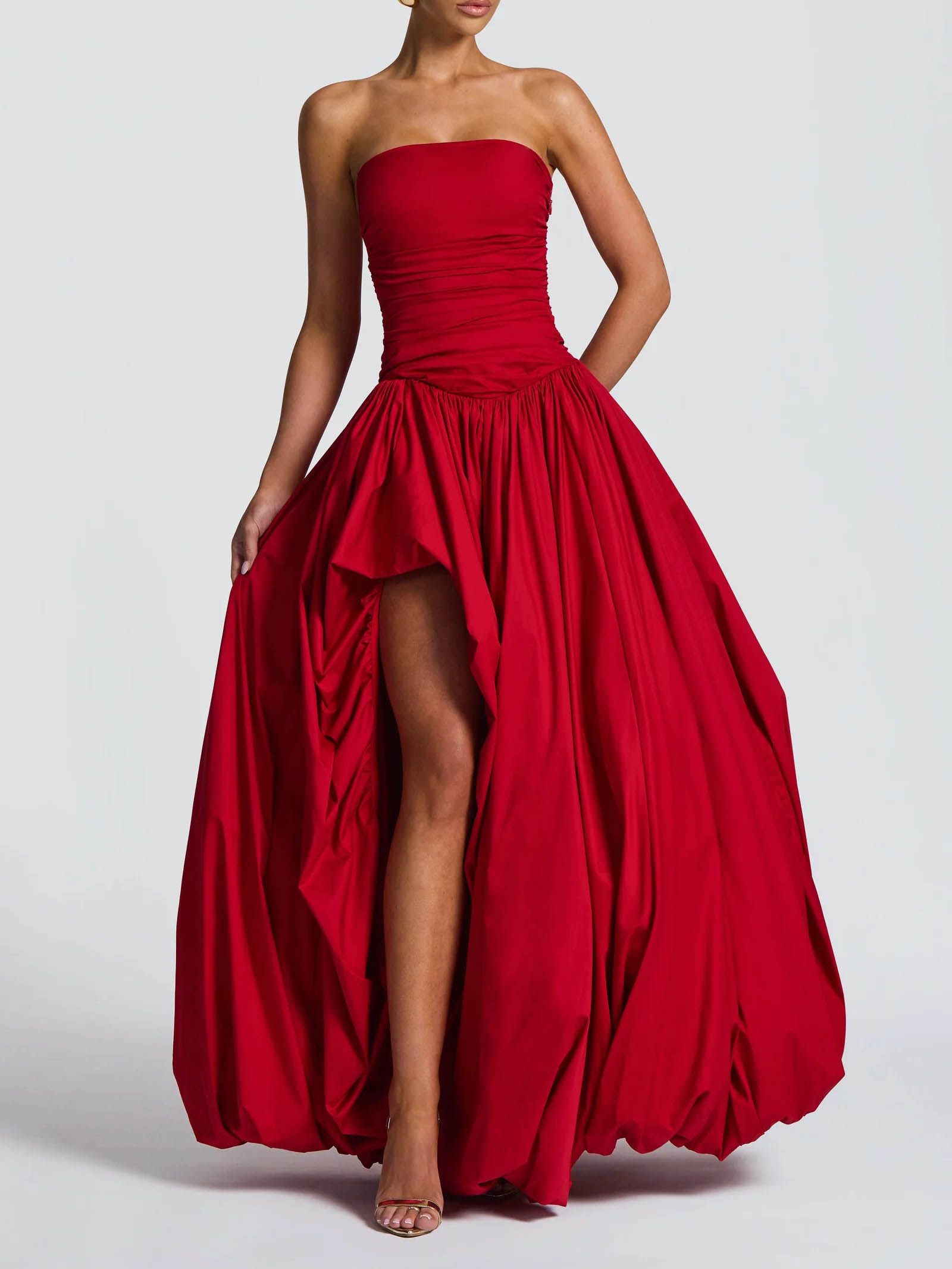 Elegant Strapless Ruched High-Slit Ball Gown Maxi Dress