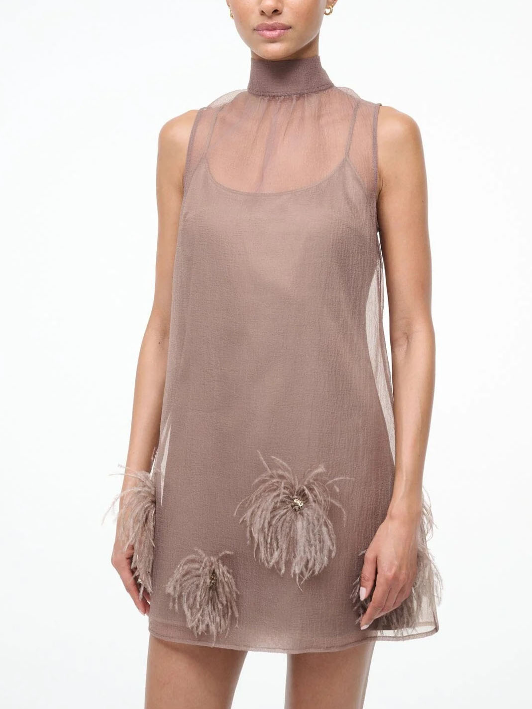 Elegant Sheer Feather-Embellished Mini Dress
