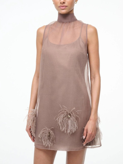 Elegant Sheer Feather-Embellished Mini Dress