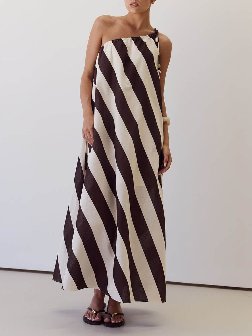 Elegant Striped Print One-Shoulder Tie-Waist Side Pockets Maxi Dress