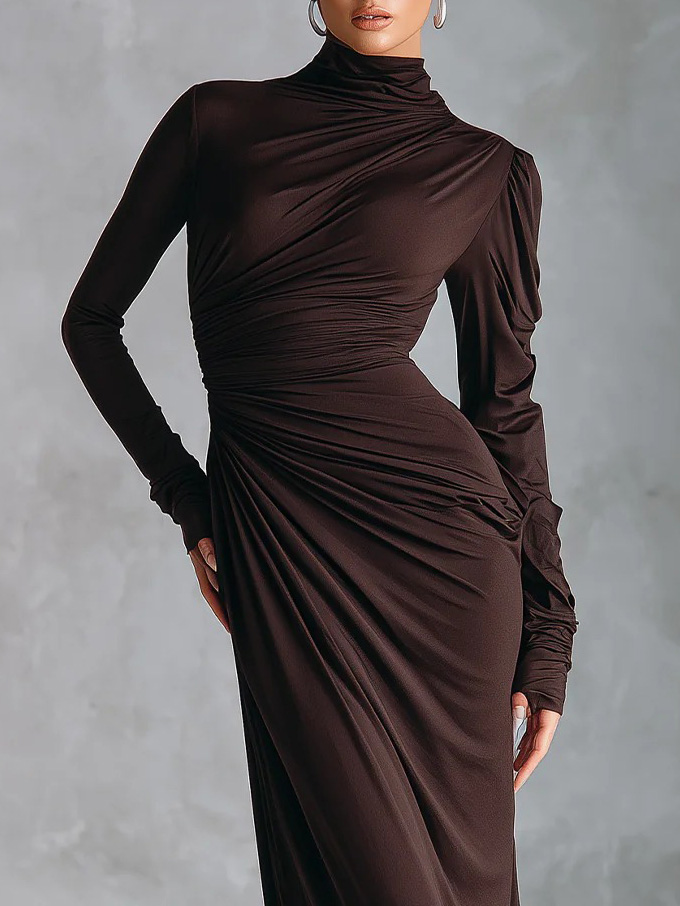 Exquisite Turtleneck Crinkled-knit Maxi Dress