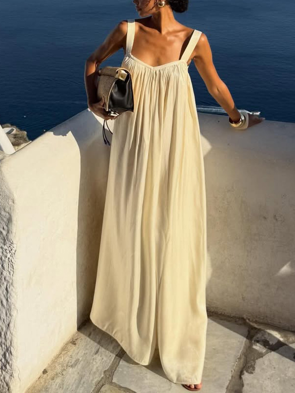 Elegant Satin Square Neckline Flowing Pleated Halter Dress