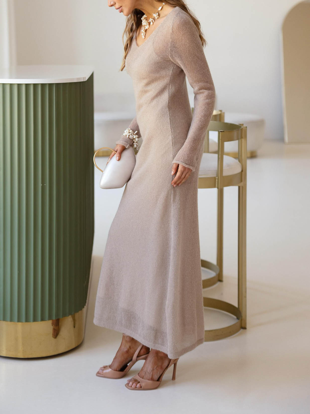 Elegant Sheer Knit V-Neck Long Sleeve Maxi Dress