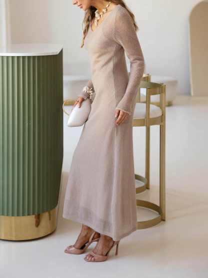 Elegant Sheer Knit V-Neck Long Sleeve Maxi Dress