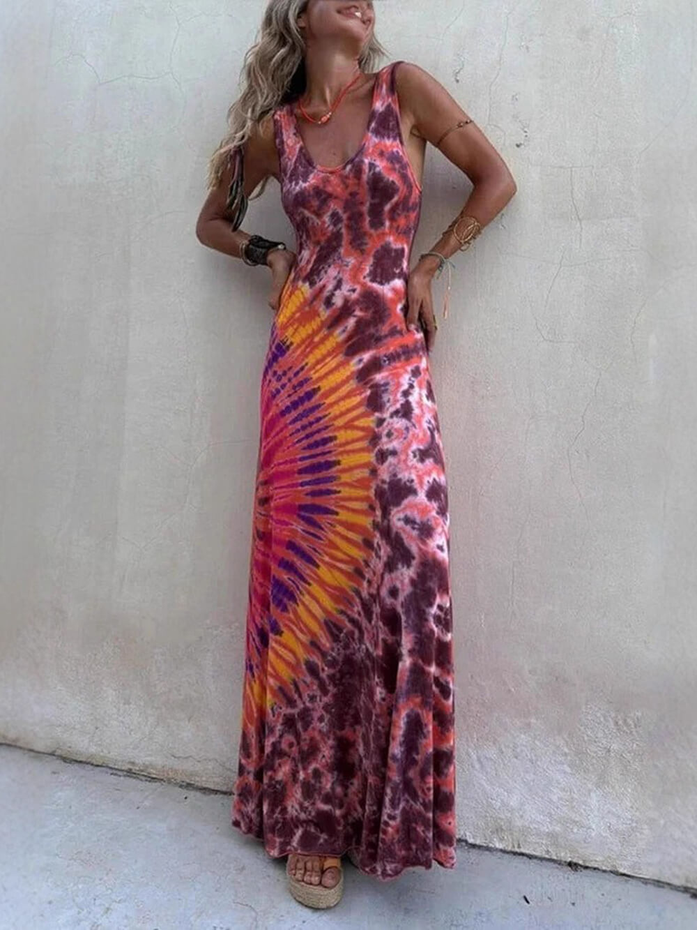 Unique Summer Placement Print Sleeveless Back-Tie Maxi Dress