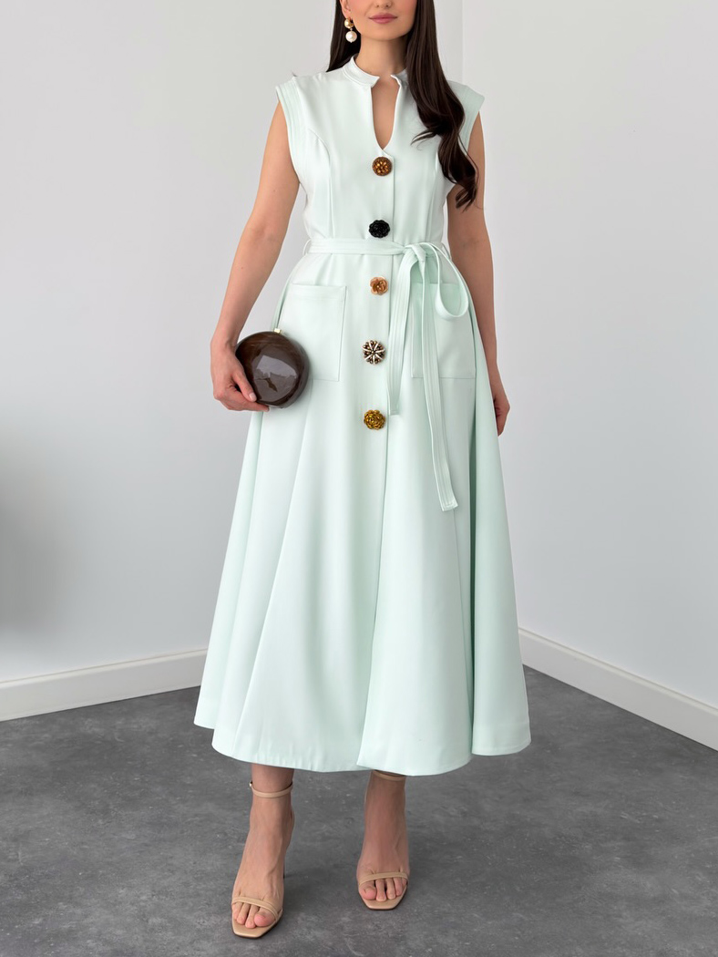 Elegant High Neck Tie-Waist Midi Dress