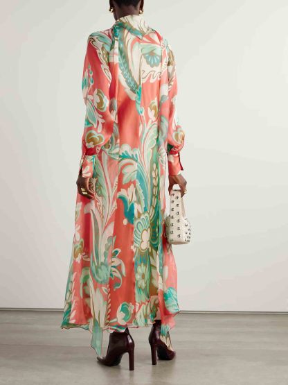 Unique Draped Floral-print Chiffon Maxi Dress
