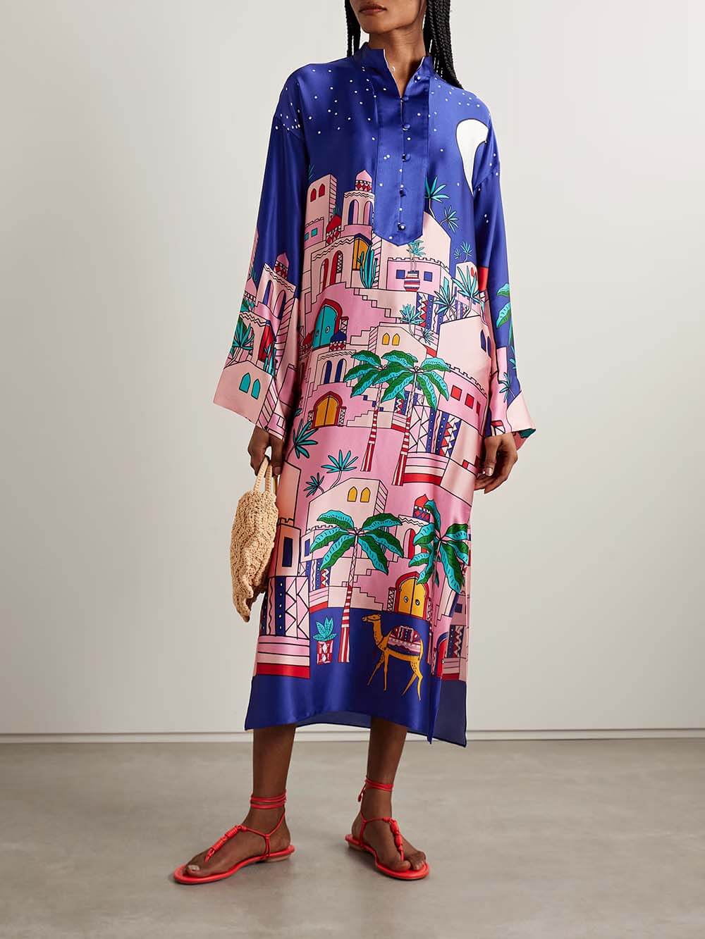 Unique Seaside Satin Print Button Up Long Sleeve Slit Kaftan Midi Dress