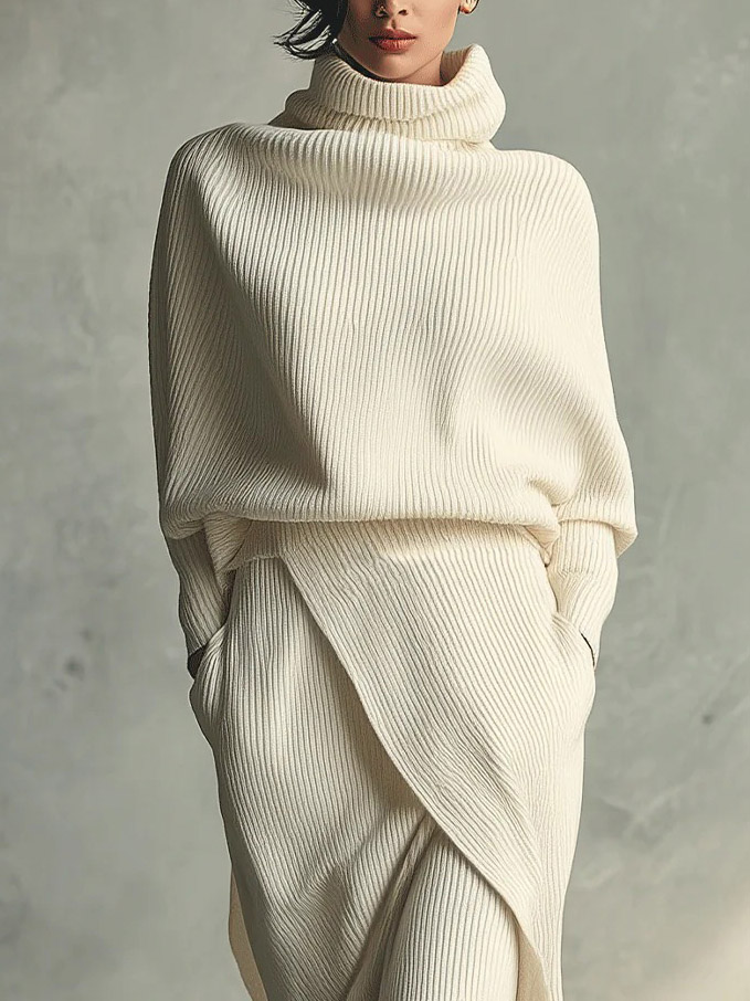 Casual Turtleneck Sweater And Asymmetrical Skirt Set