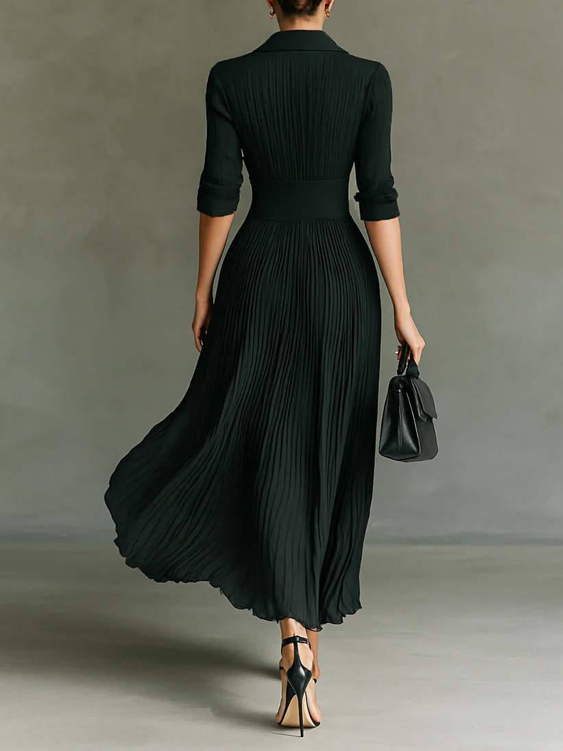 Elegant Pleated Lapel Long-sleeved Maxi Dress