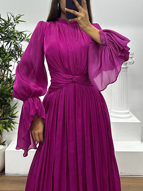 Elegant Pleated Flowy Long-Sleived Maxi Dress