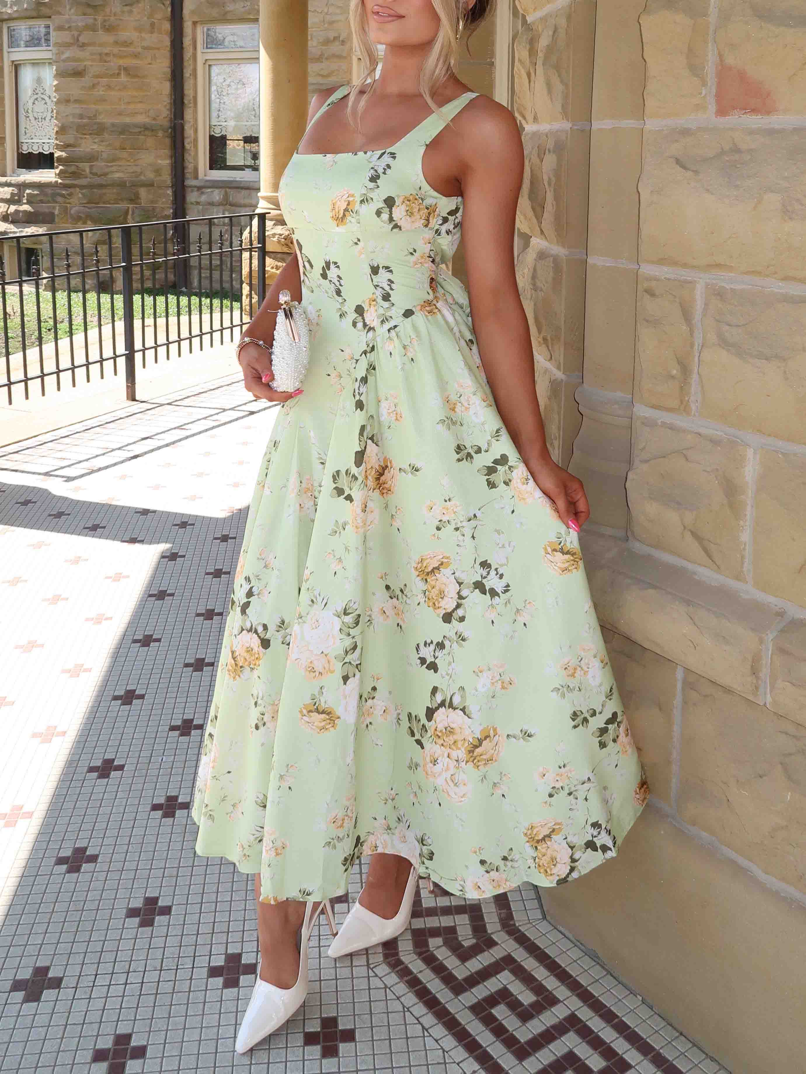 Elegant Floral Print Square Neck Midi Dress