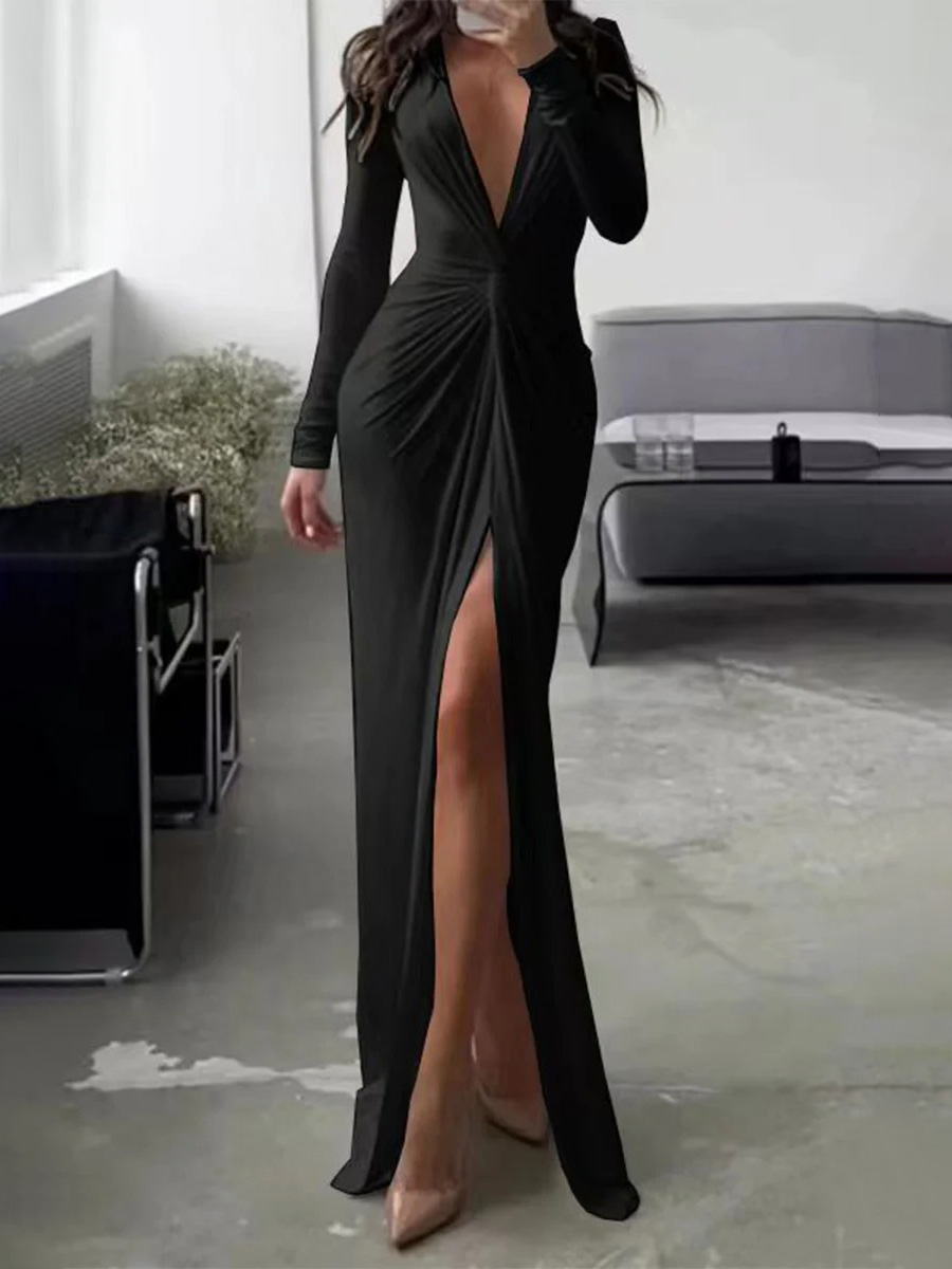Elegant V-neck Knotted Slit Long-sleeved Knitted Maxi Dress