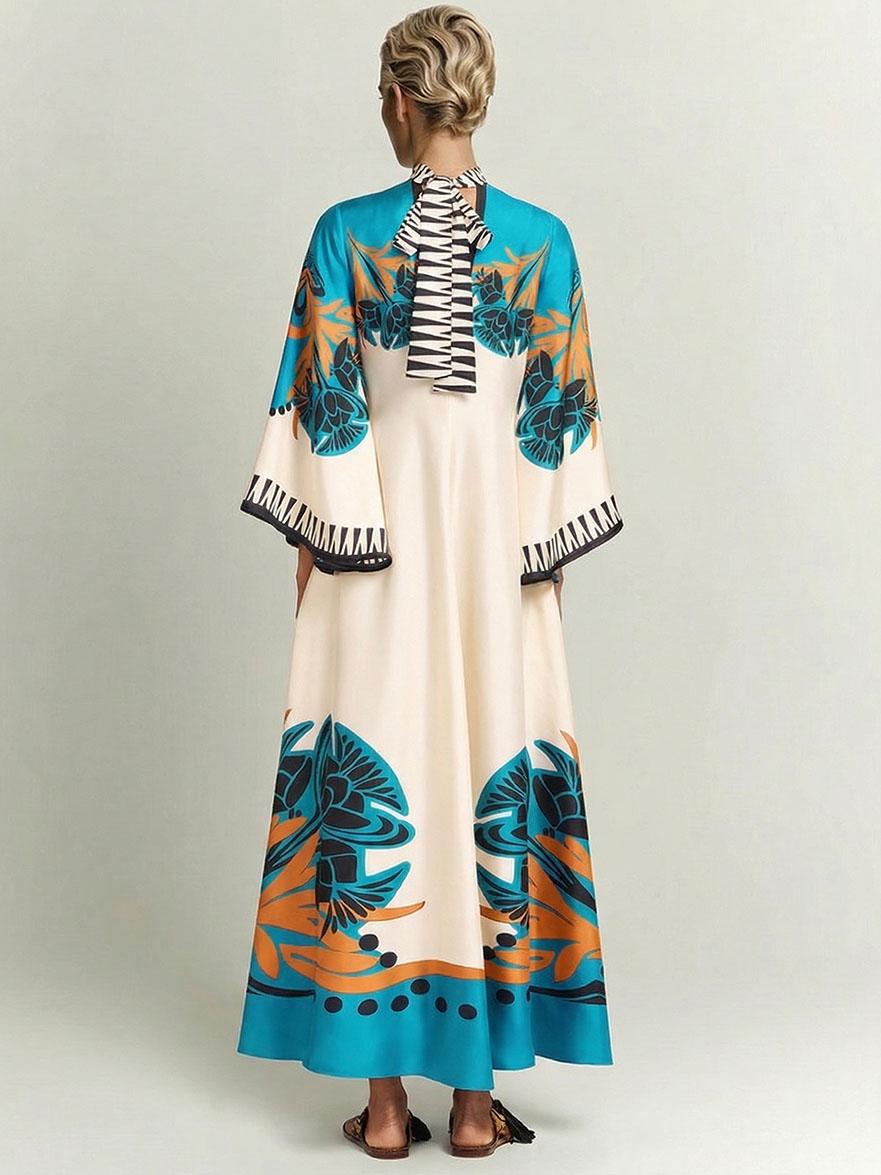 Exquisite Satin Vintage Floral Print Flowing Maxi Dress