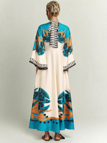 Exquisite Satin Vintage Floral Print Flowing Maxi Dress