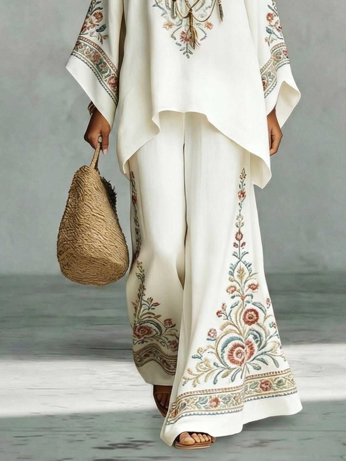 Elegant Satin Floral Print Kaftan Top & Pants Two-Piece Set