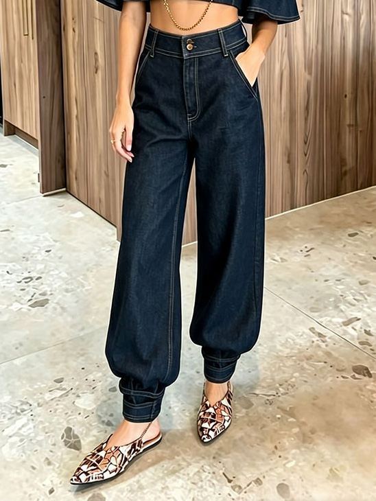 Modern Denim Cape Top & High-Waist Tapered Pants Two-Piece Set