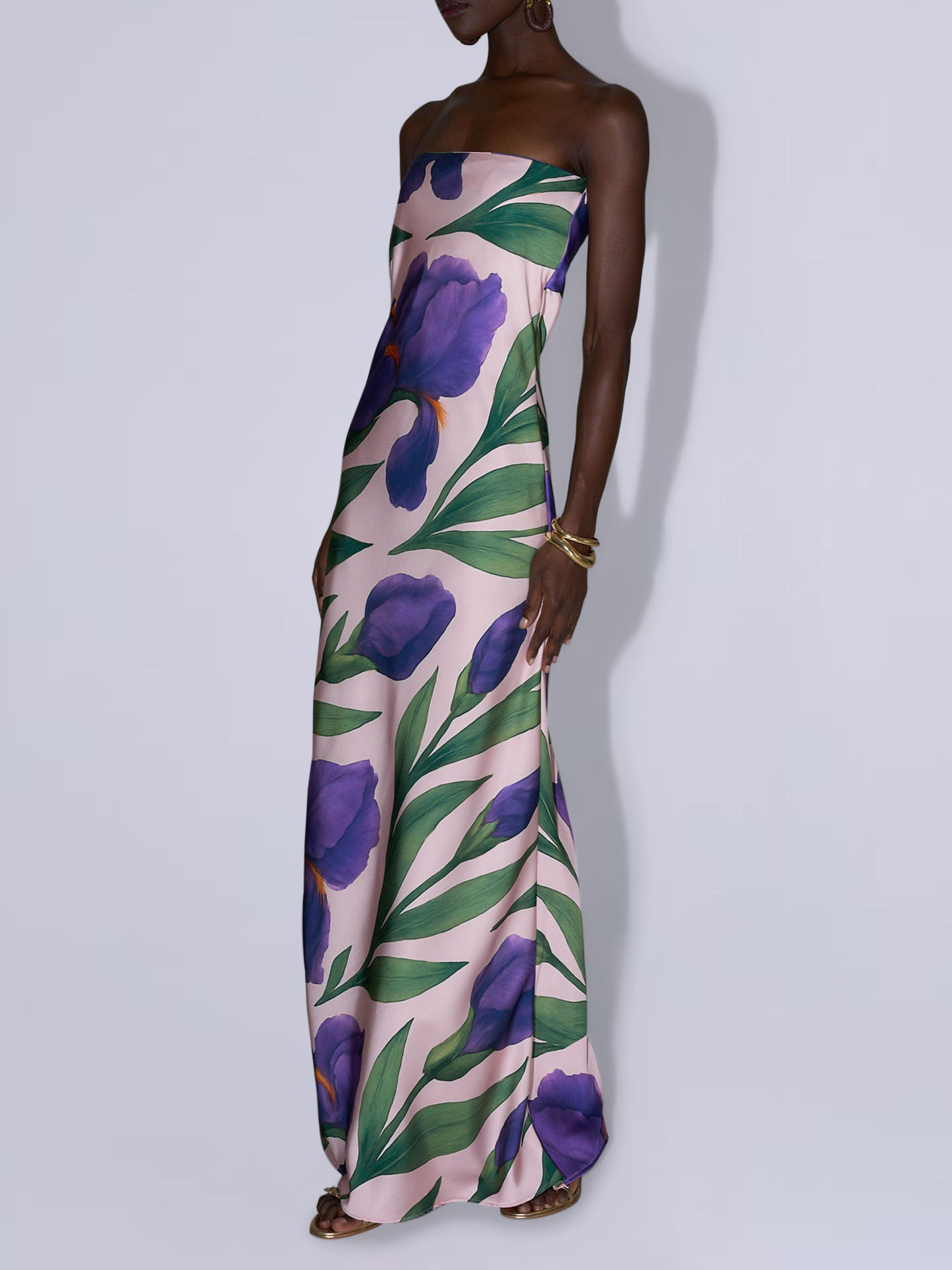Elegant Strapless Satin Iris Floral Print Maxi Dress