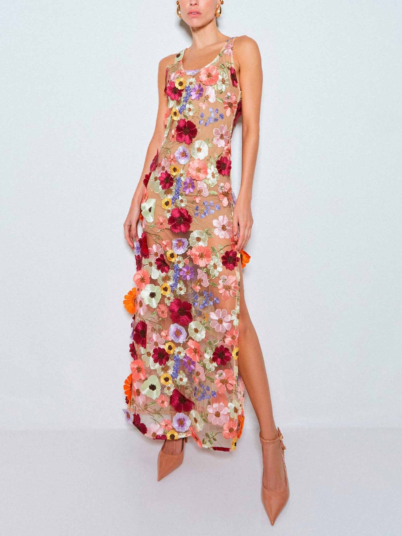 Elegant Floral Embroidered Mesh Sleeveless Maxi Dress