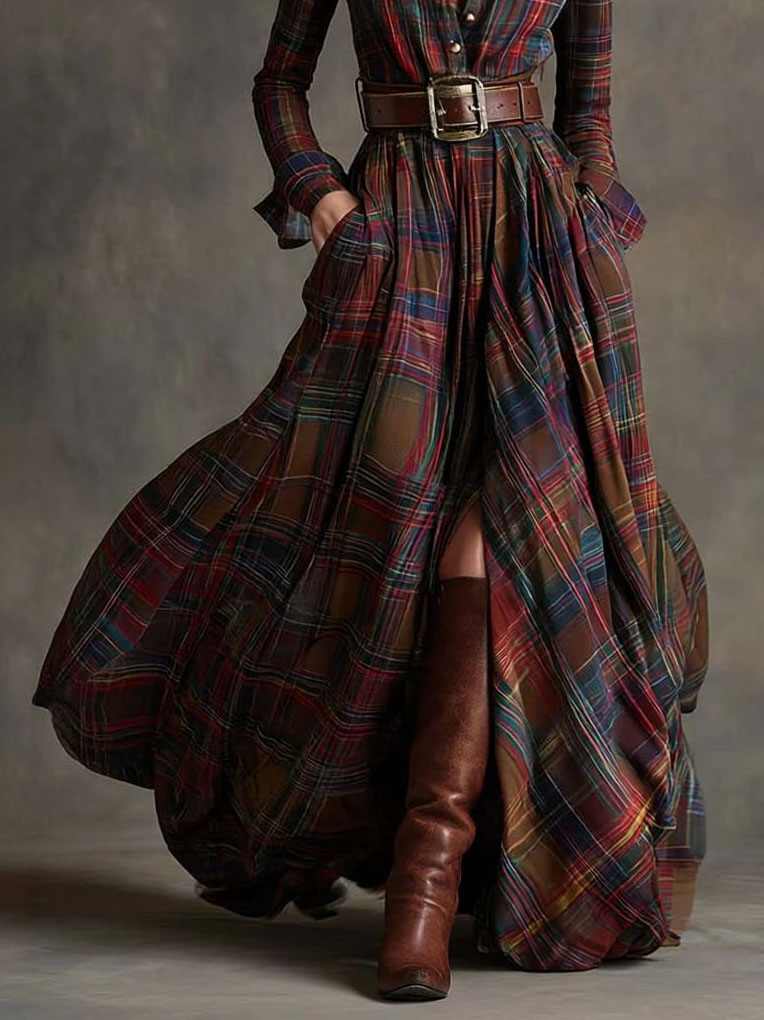 Retro Lapel Plaid Single-Breasted Maxi Dress