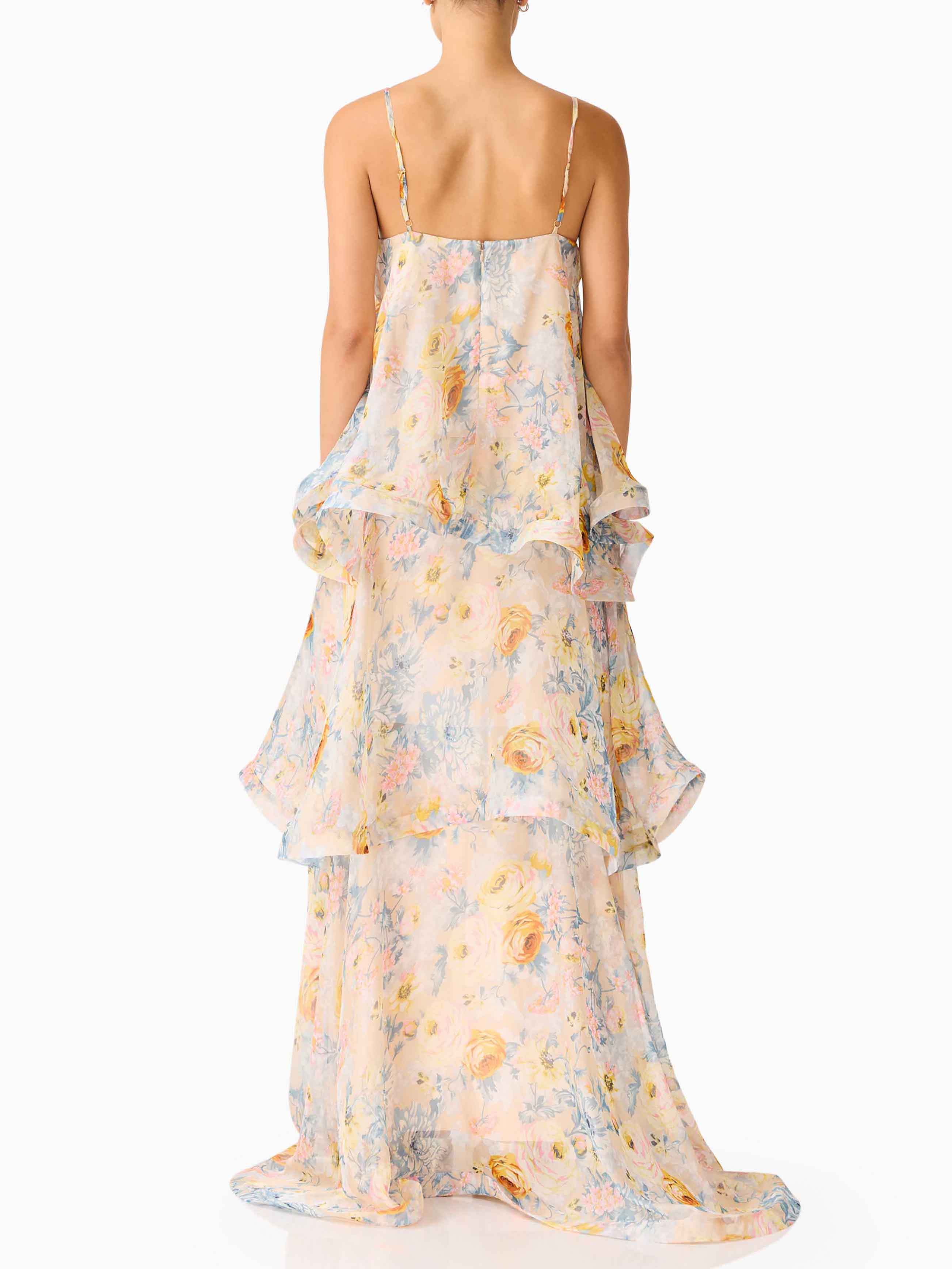 Elegant Floral Print Layered Chiffon Flowing Maxi Dress