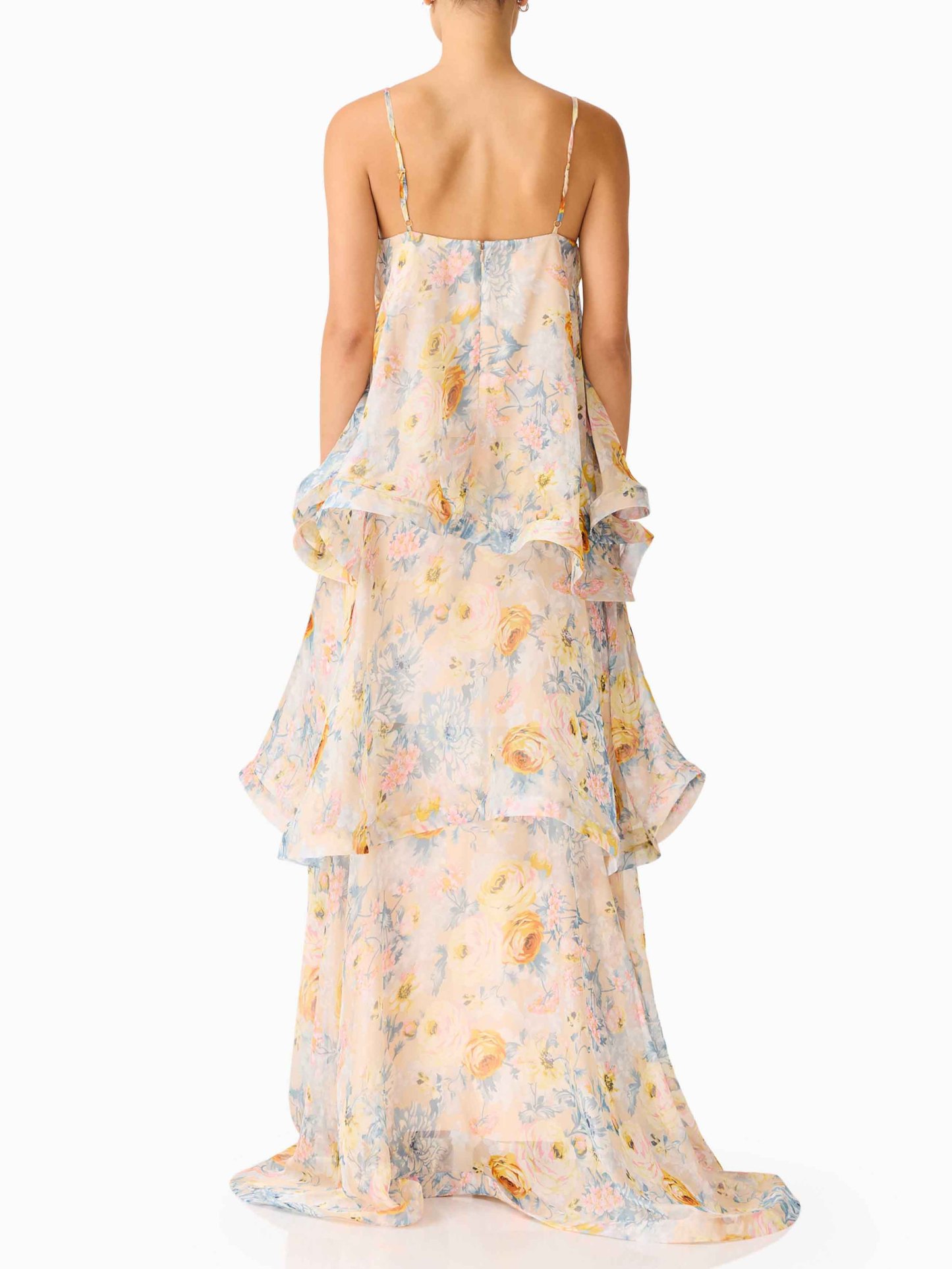 Elegant Floral Print Layered Chiffon Flowing Maxi Dress