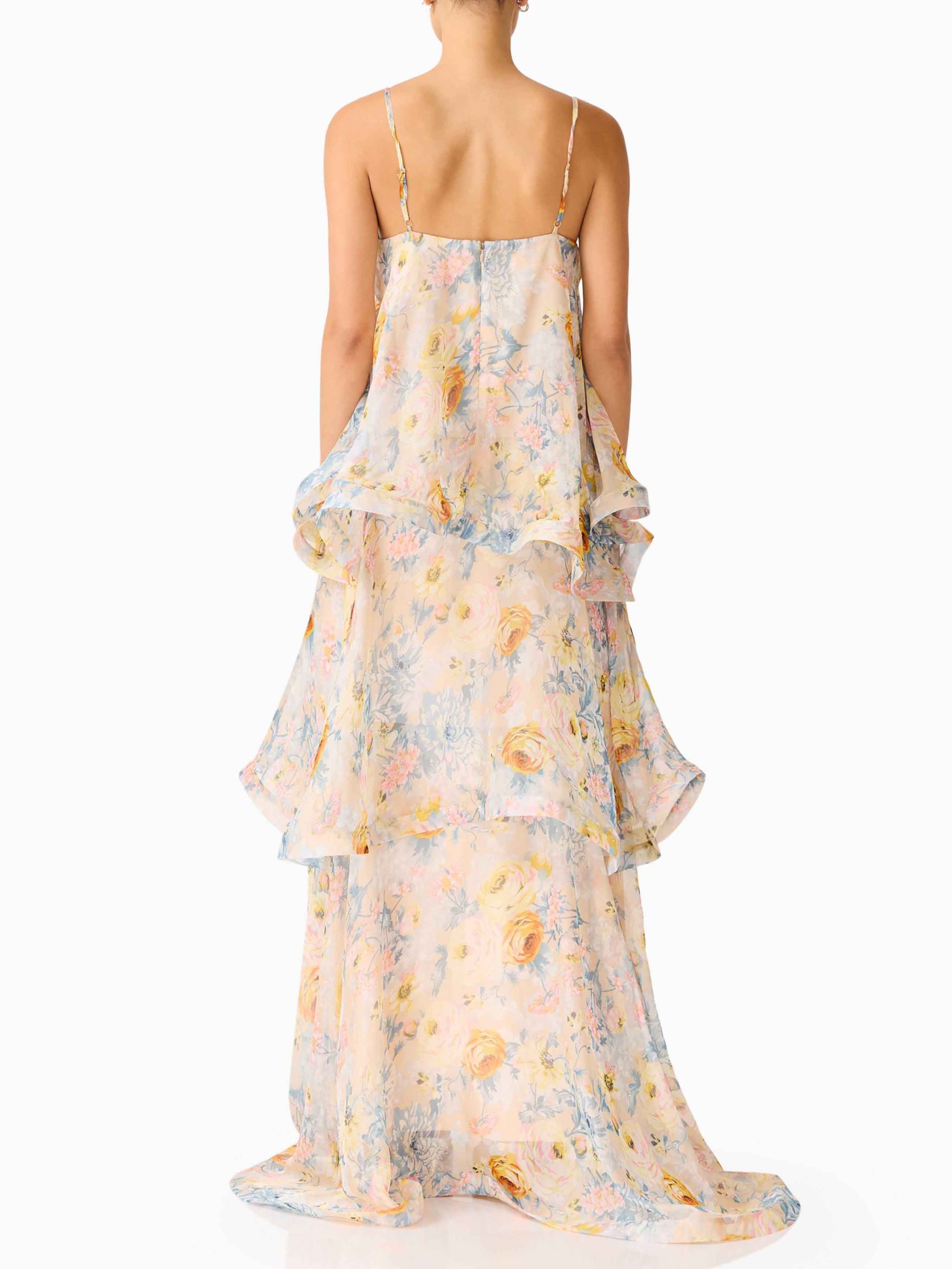 Elegant Floral Print Layered Chiffon Flowing Maxi Dress