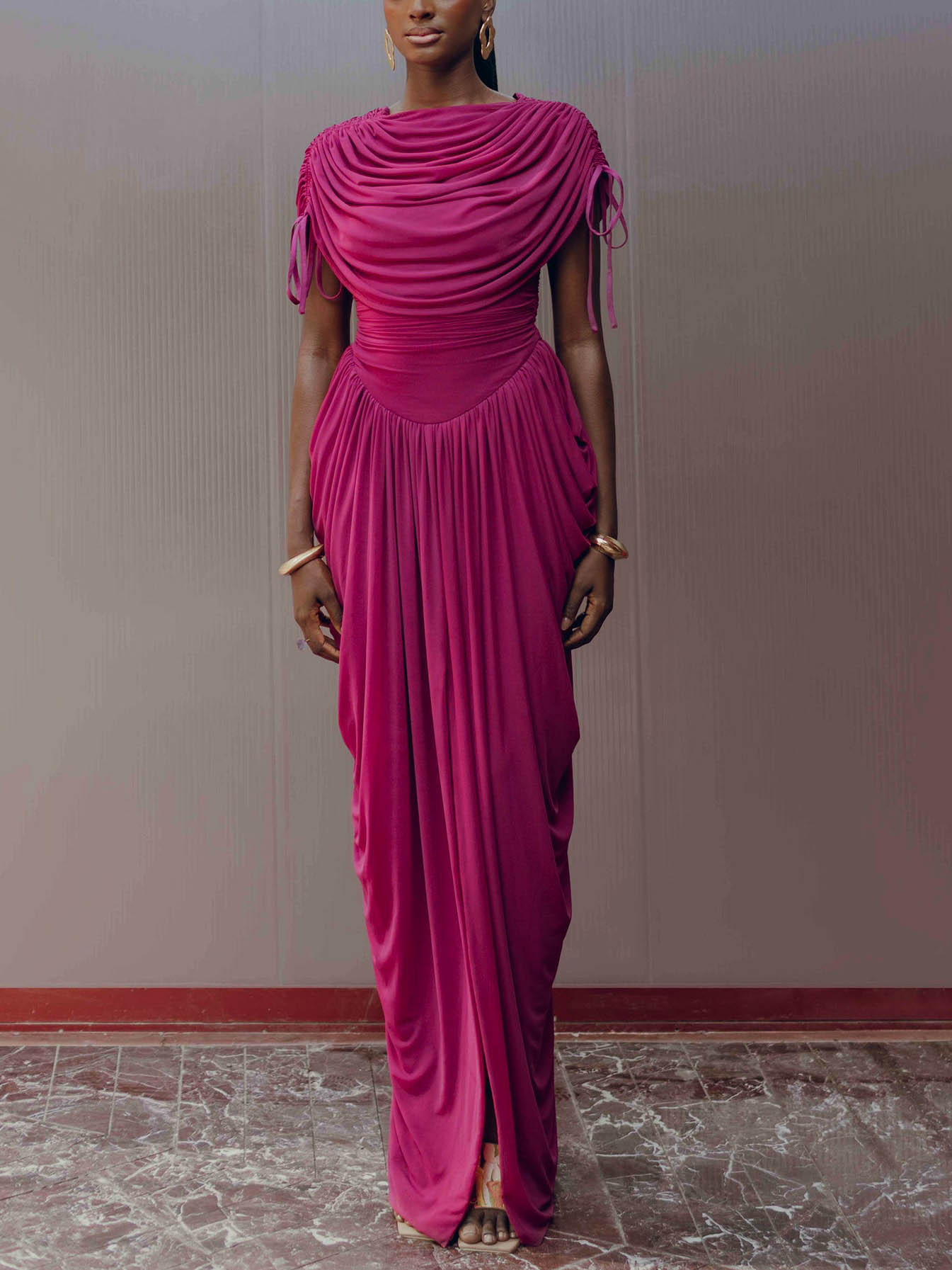 Modern Grecian-Style Fuchsia Draped Maxi Dress