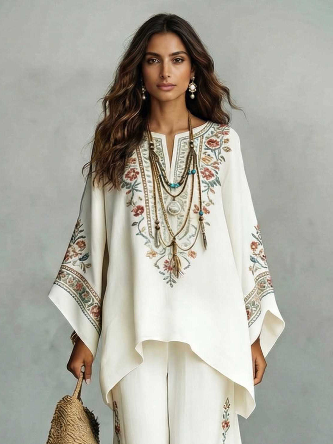 Elegant Satin Floral Print Kaftan Top & Pants Two-Piece Set