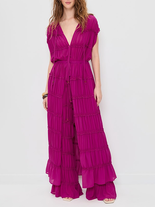 Exquisite Layered Ruffle V-Neck Top & Wide-Leg Pants Two-Piece Set