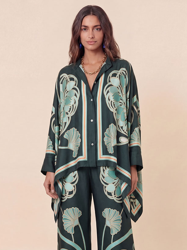 Elegant Abstract Print Satin Shirt & Wide Leg Pants Set