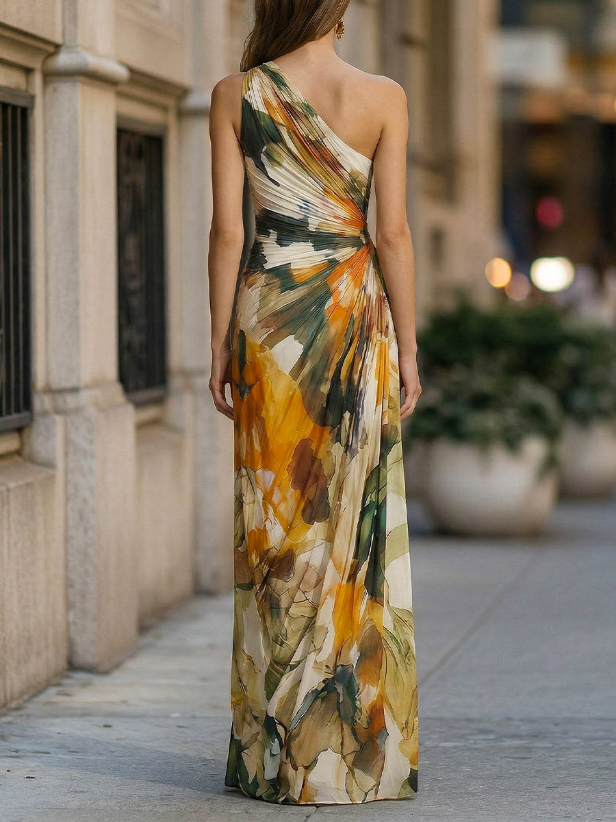 Elegant Watercolor Print One-Shoulder Ruched Maxi Dress