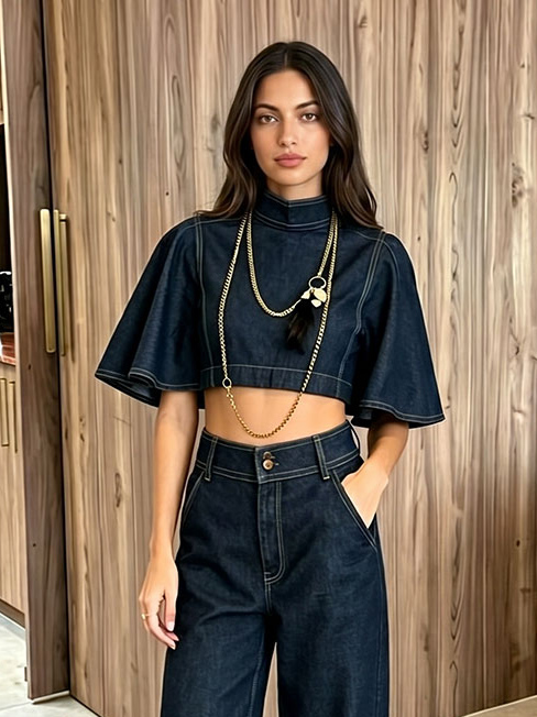 Modern Denim Cape Top & High-Waist Tapered Pants Two-Piece Set