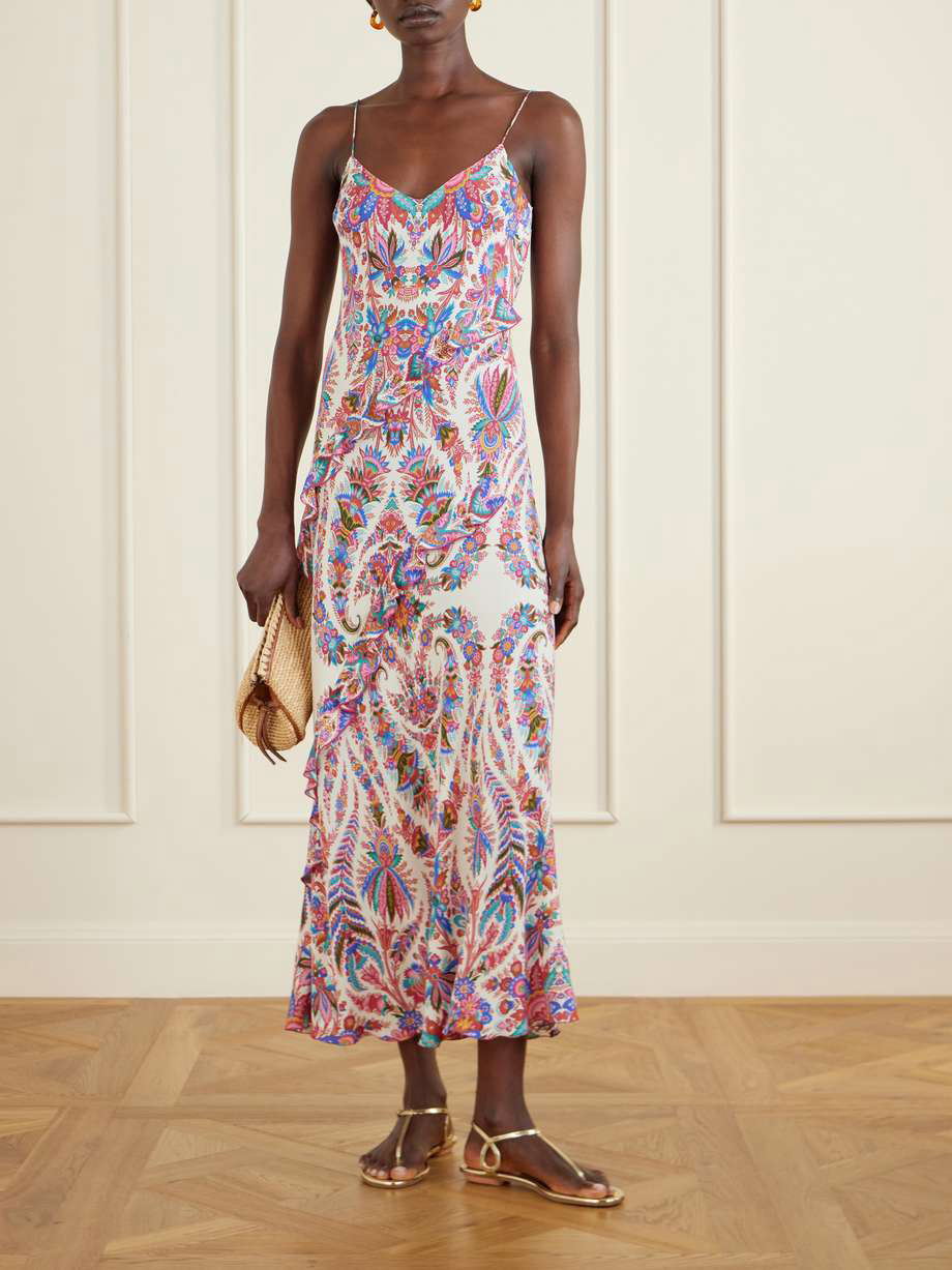 Elegant Paisley Print Ruffled Slip Maxi Dress