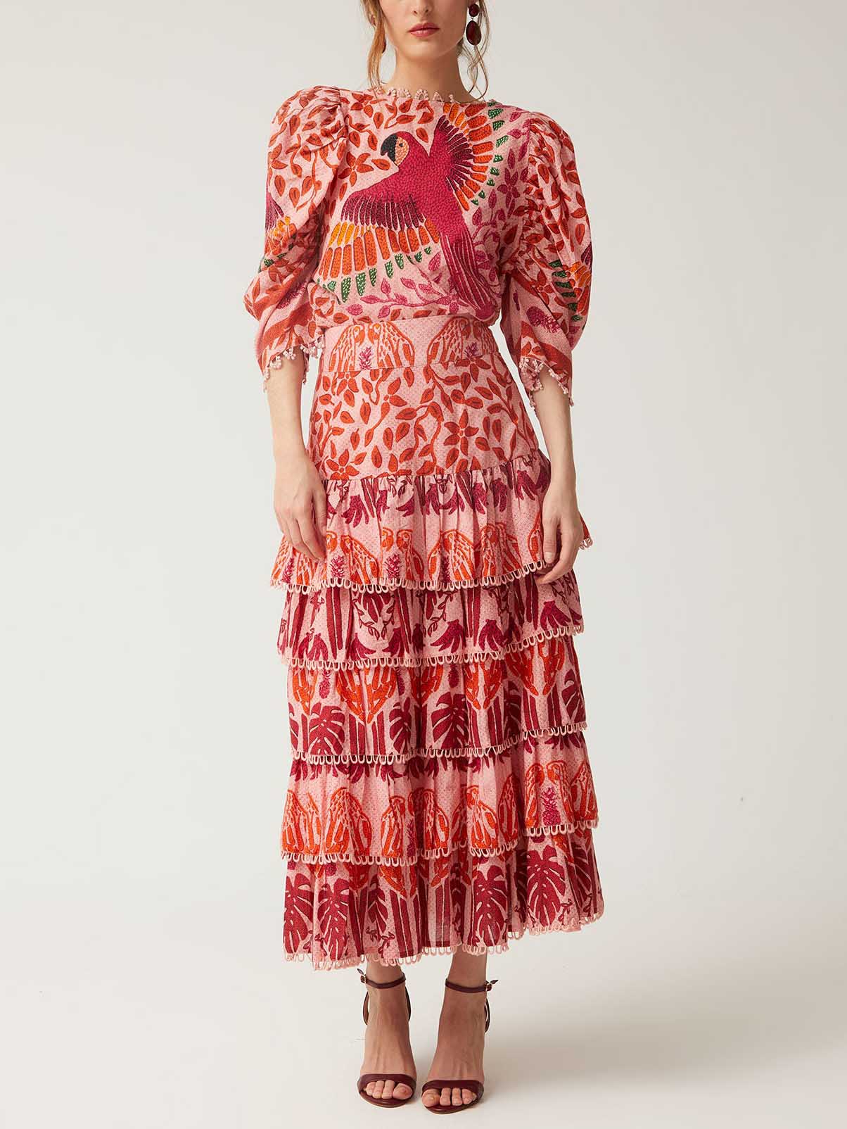 Vibrant Tropical Floral Print Layered Midi Skirt