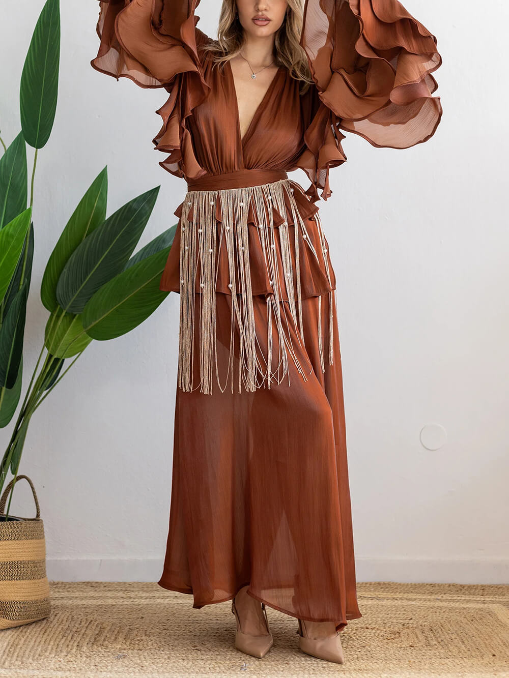 Elegant V-Neck Ruffle Ruched Chiffon Maxi Dress