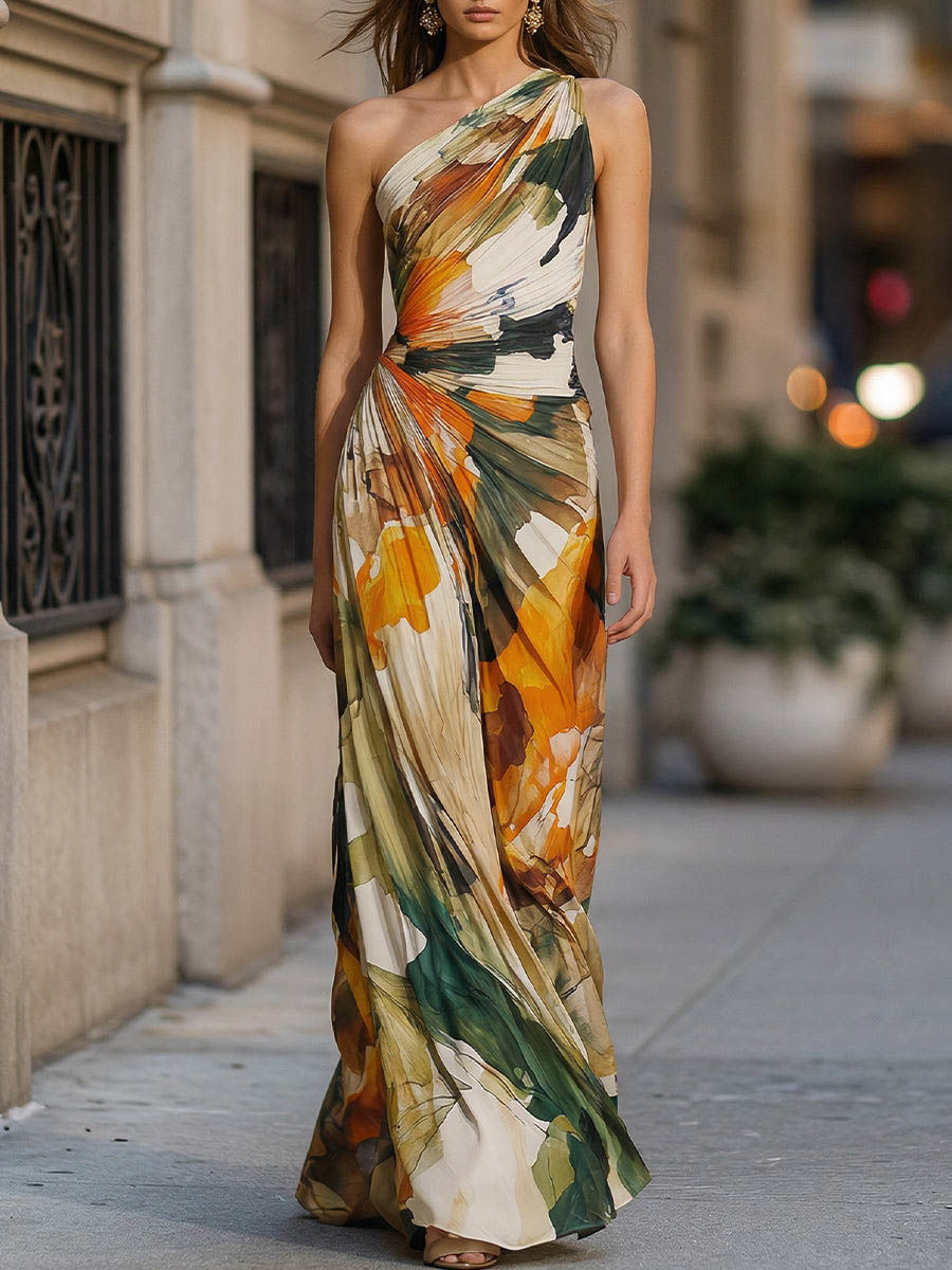 Elegant Watercolor Print One-Shoulder Ruched Maxi Dress