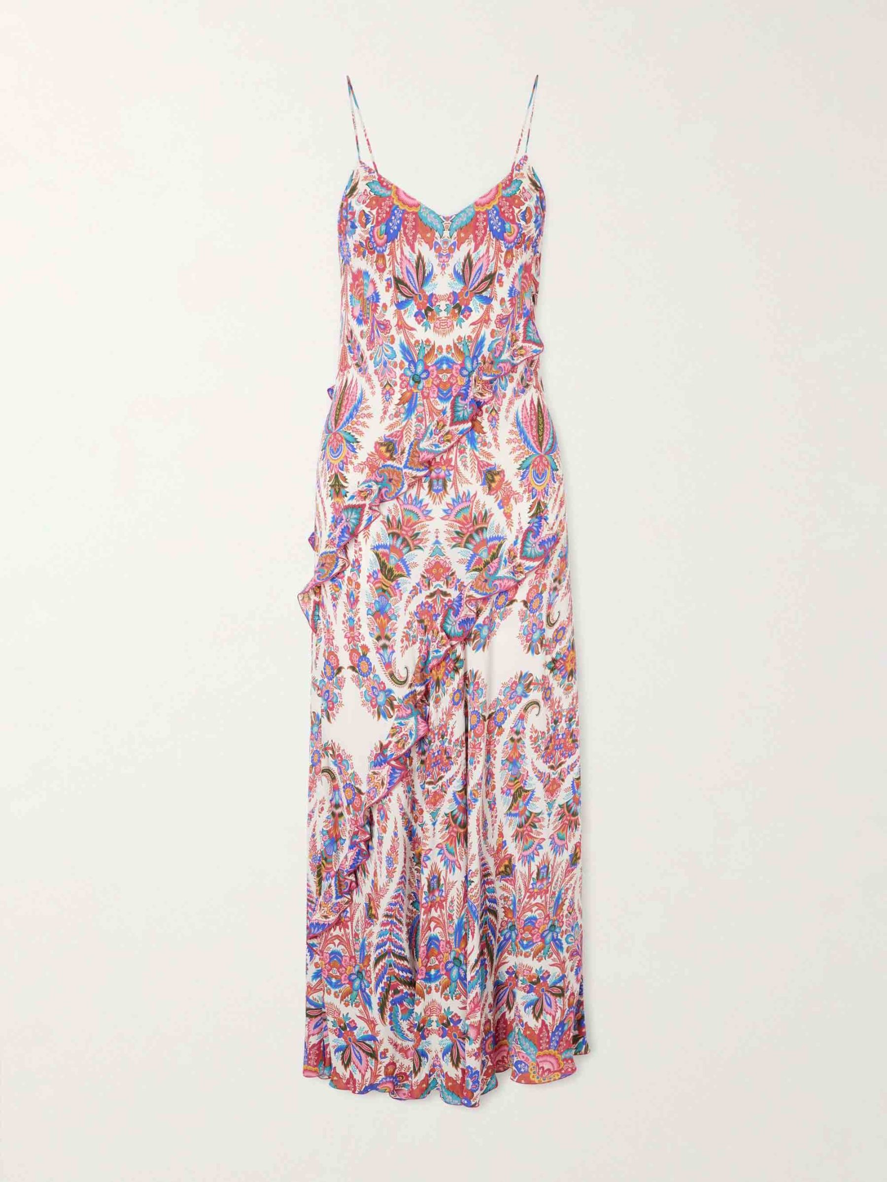 Elegant Paisley Print Ruffled Slip Maxi Dress