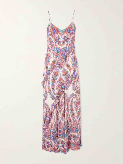 Elegant Paisley Print Ruffled Slip Maxi Dress