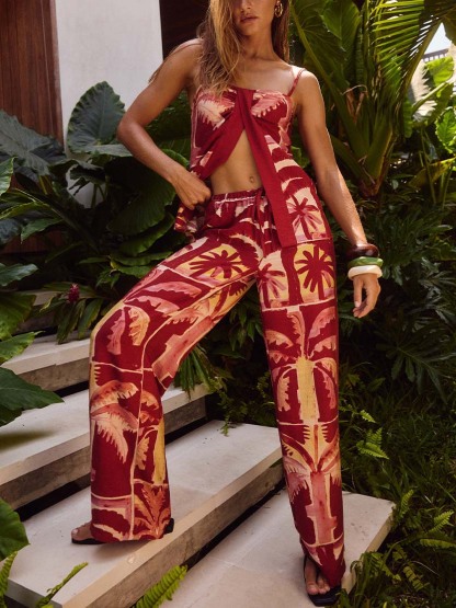 Retro Tropical Coconut Tree Print Wide-leg Pants