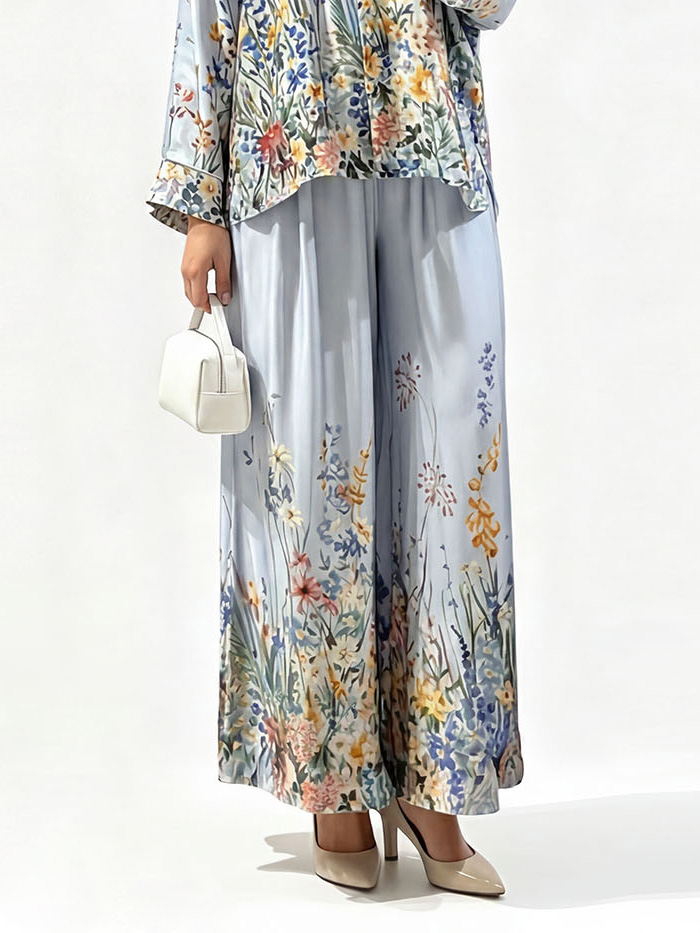 Elegant Floral Print Satin Wide Leg Pants