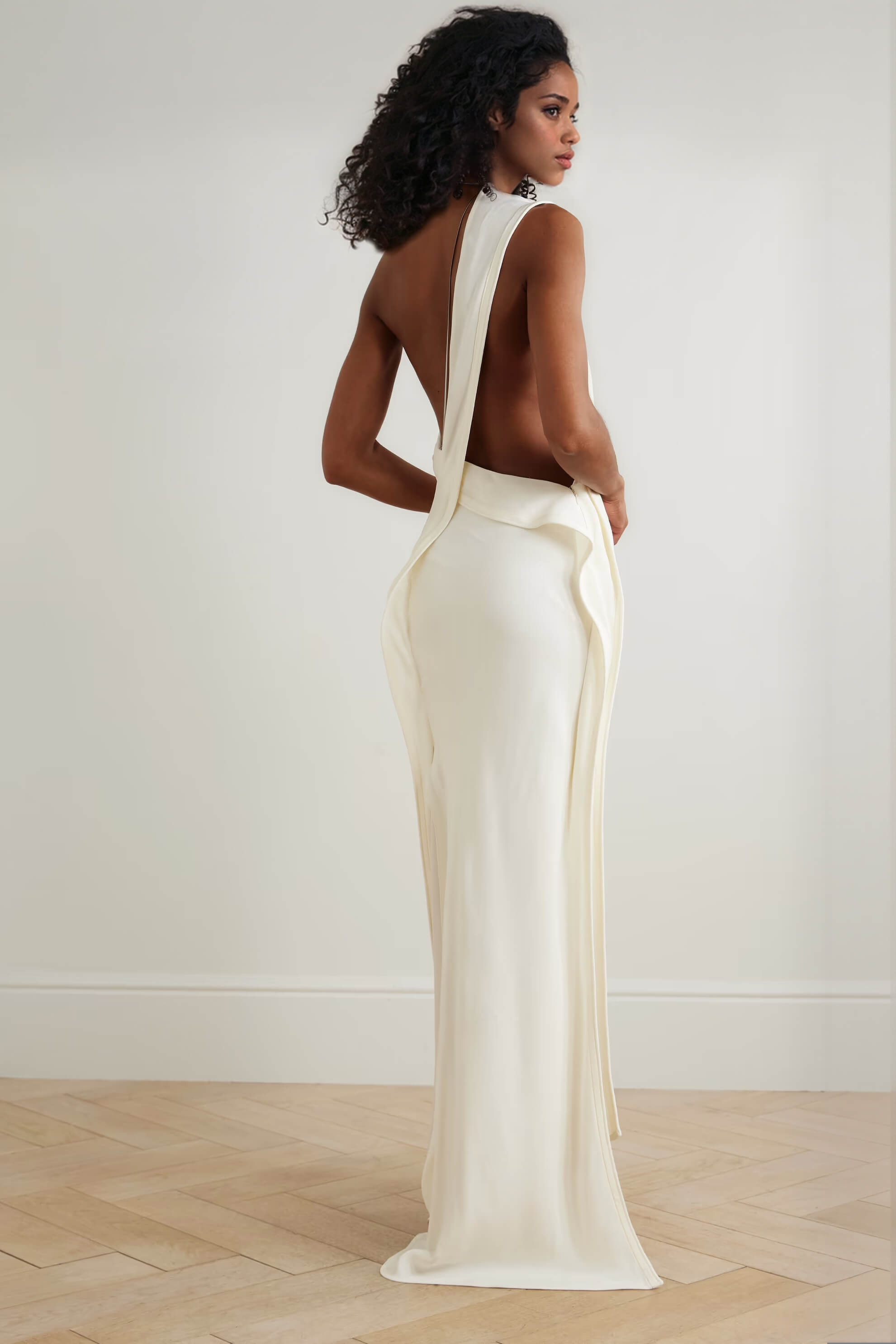 Elegant One-Shoulder Backless Embellished Draped Maxi Dress
