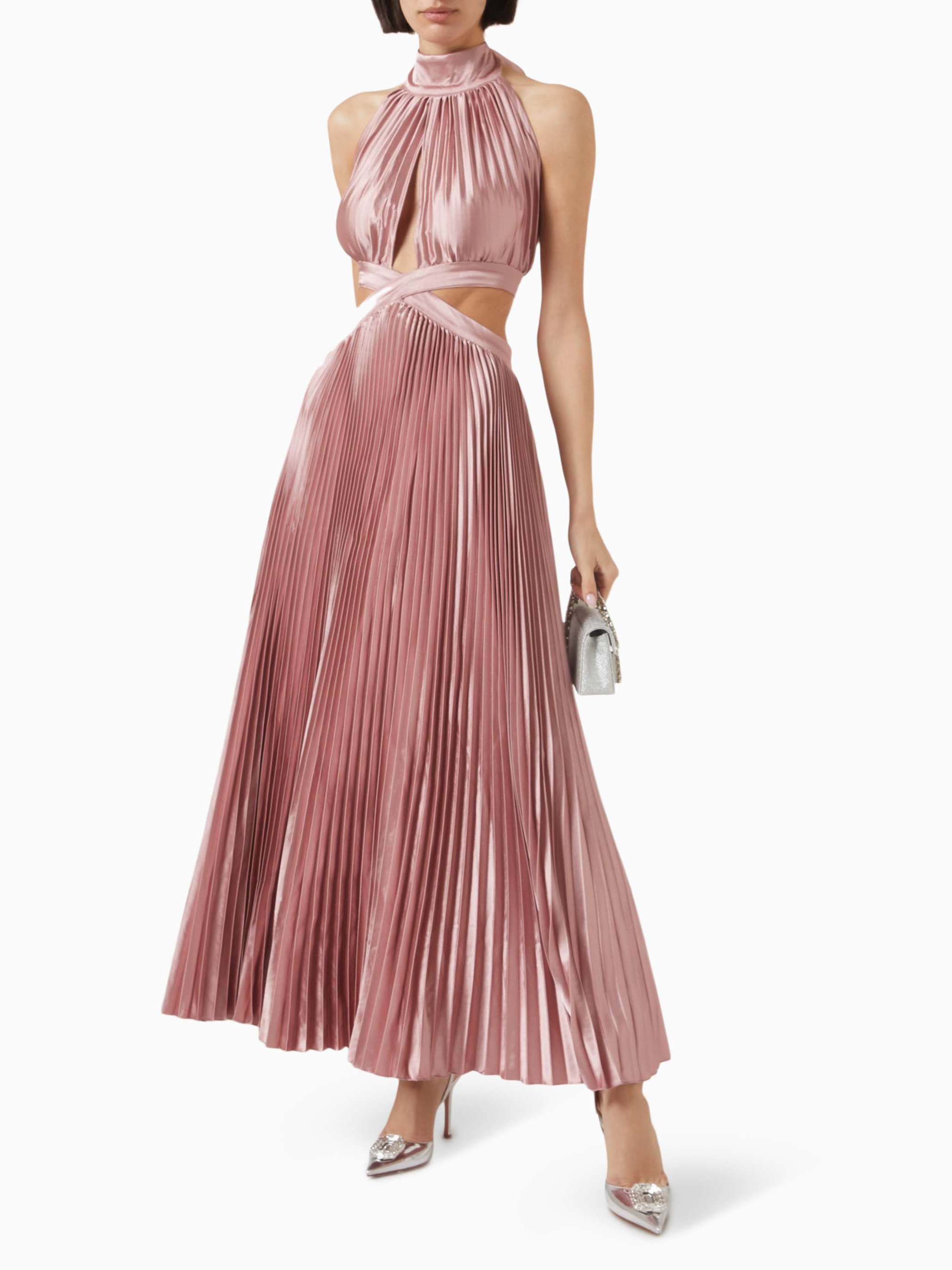 Elegant High-neck Halterneck Satin Pleated Maxi Dress