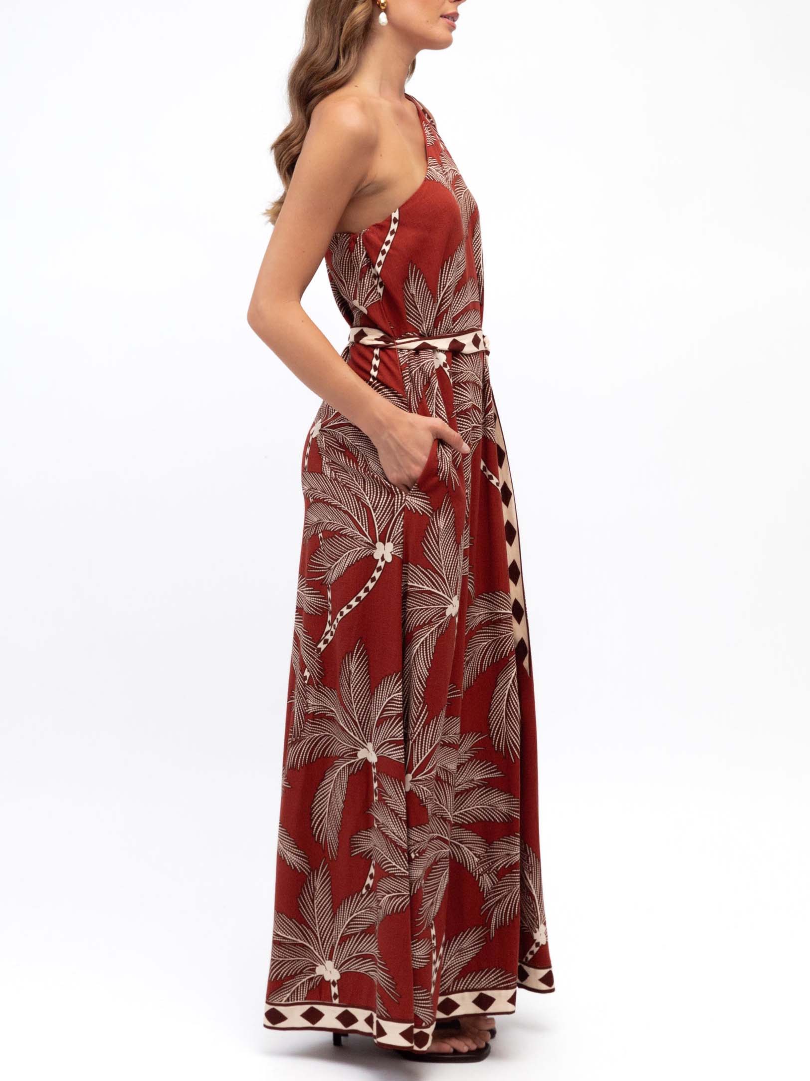 Retro Palm Tree Print One-Shoulder Flowy Maxi Dress