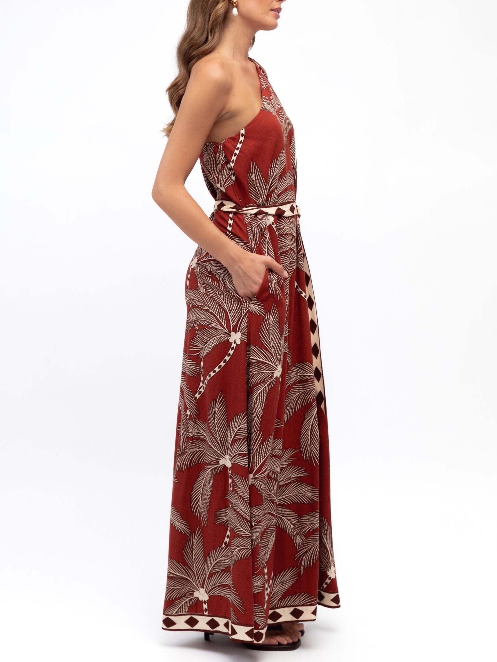 Retro Palm Tree Print One-Shoulder Flowy Maxi Dress