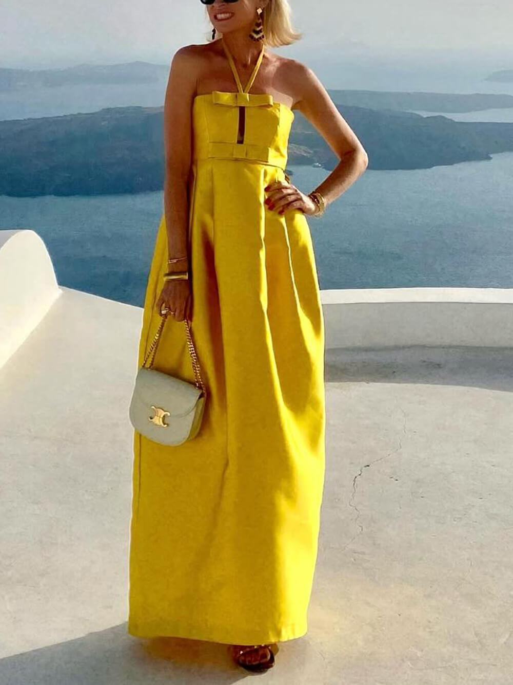 Elegant Bow Halter Neck Open Back Pleated Maxi Dress