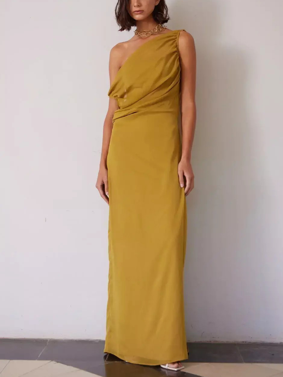 Elegant One-Shoulder Ruched Waist Flowy Maxi Dress