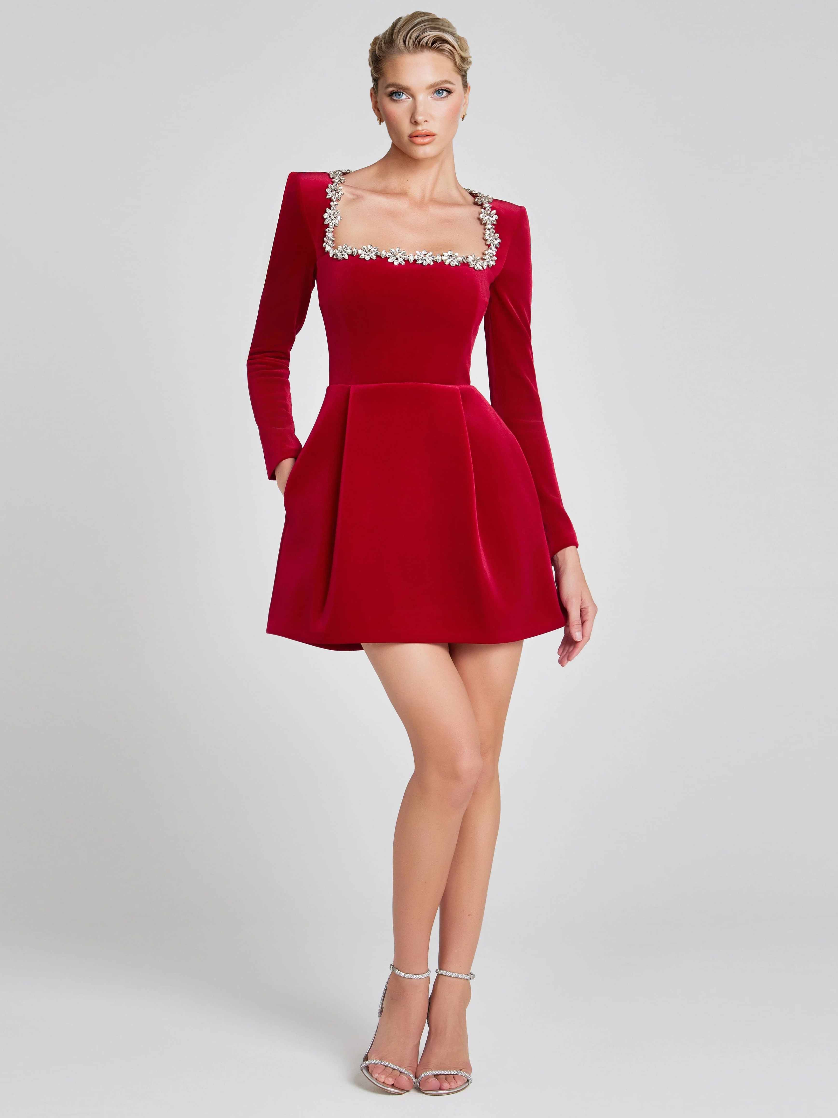 Elegant Square Neck Crystal Embellished Mini Dress