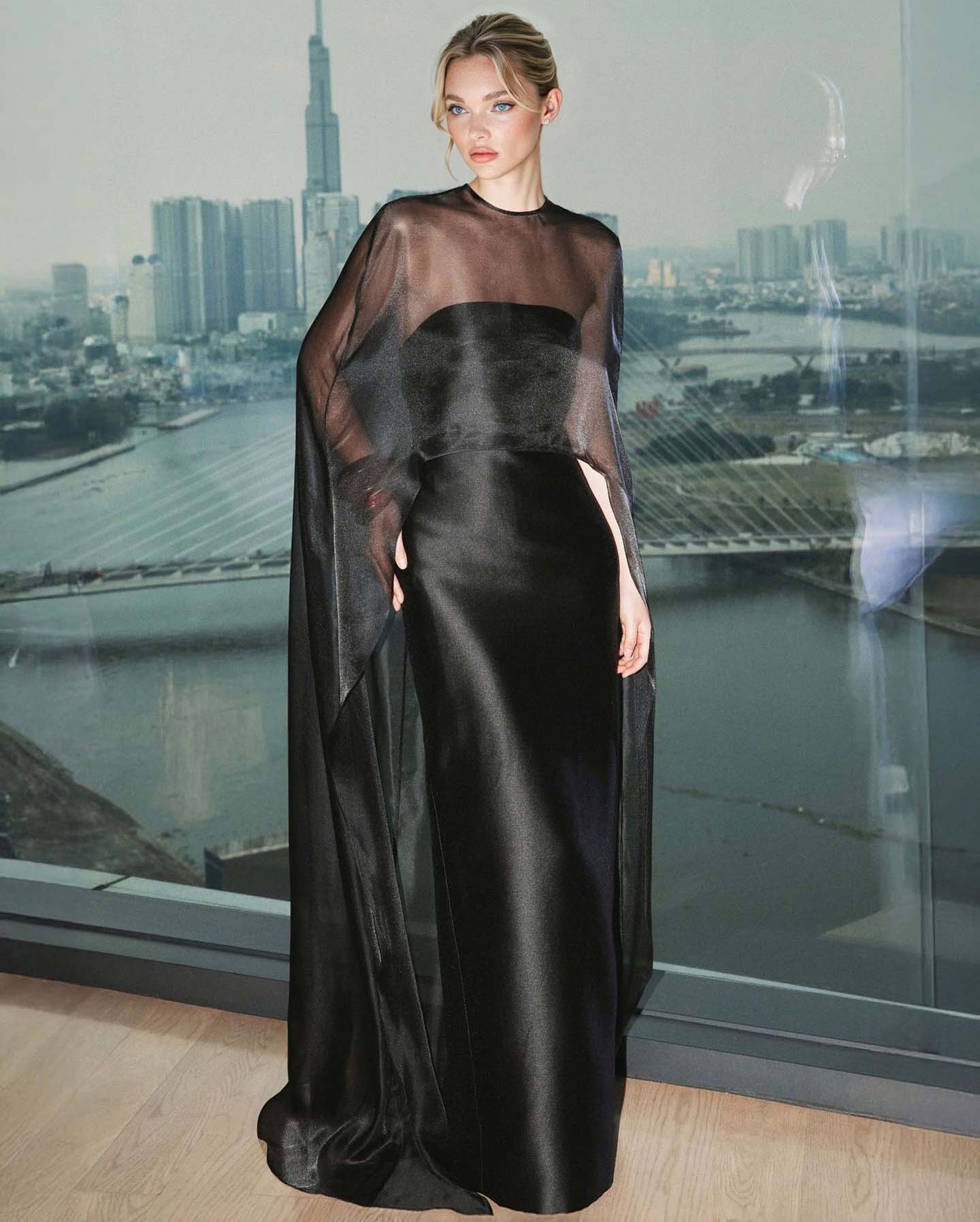 Elegant Sheer Cape Overlay Satin Maxi Dress