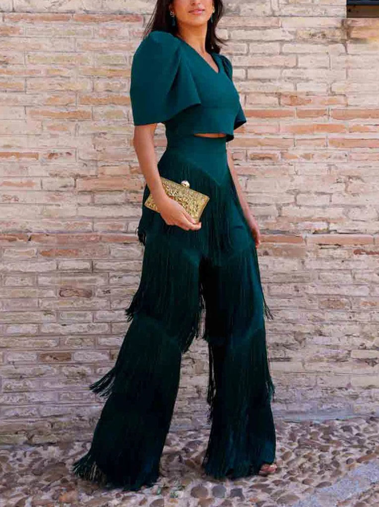 Elegant Puff Sleeve Cropped V-Neck Top